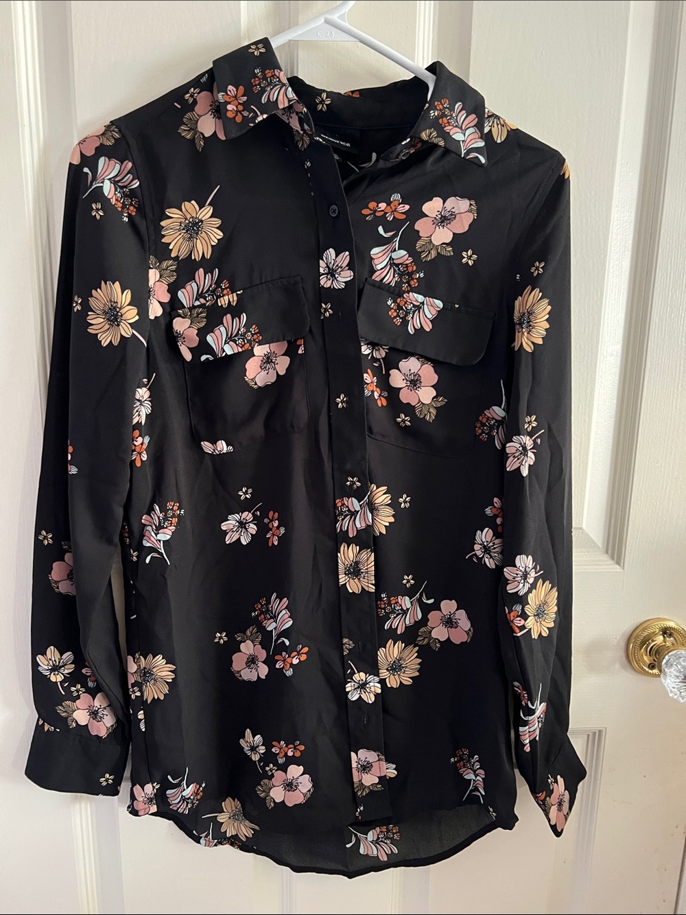 Black floral long sleeve button up blouse
